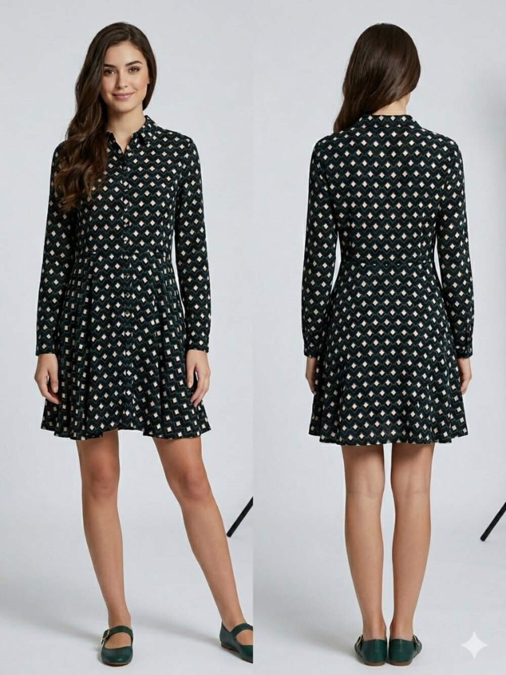 Zara Woman Green cream tones Geometric Print Shirt Dress Button Front Size L